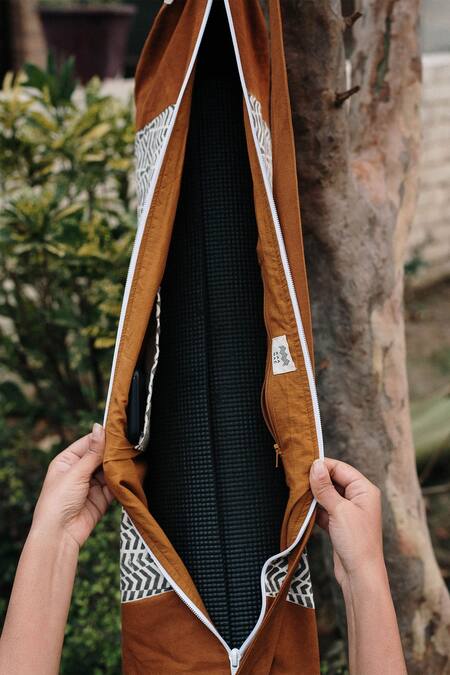 Buy Brown Hand Block Print Nikaai Yoga Bag by Raamae Online at Aza Fashions.