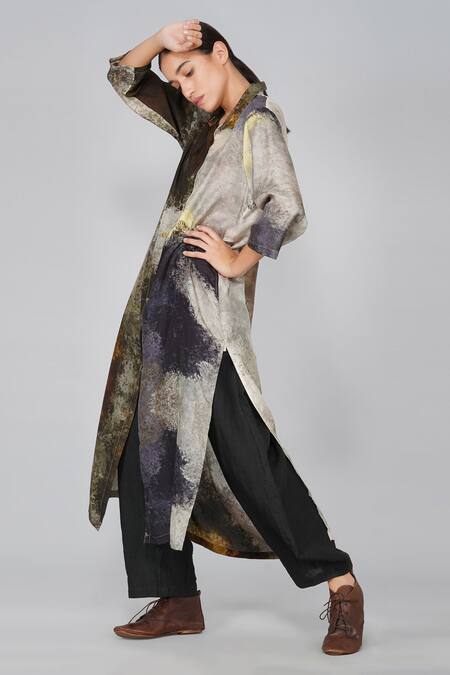 Buy_Yavi_Multi Color Silk Shirt Collar Printed Tunic  _Online_at_Aza_Fashions