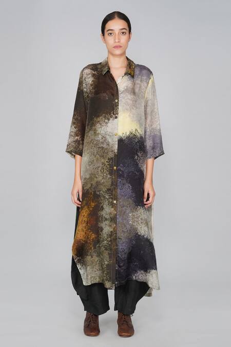 Shop_Yavi_Multi Color Silk Shirt Collar Printed Tunic  _Online_at_Aza_Fashions