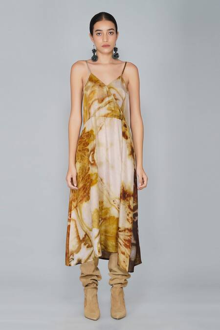 Shop_Yavi_Multi Color Silk V Neck Printed Dress _Online_at_Aza_Fashions