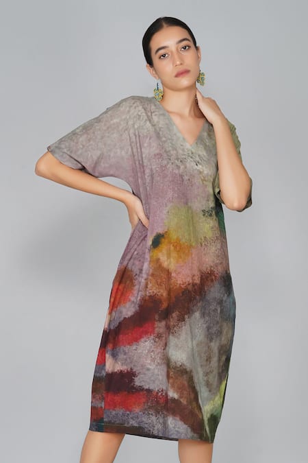 Yavi Multi Color Cotton V Neck Printed Dress