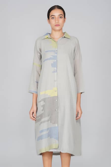 Shop Yavi Grey Cotton Jamdani Shirt Collar Dress Online at Aza Fashions Shop_Yavi_Grey Cotton Jamdani Shirt Collar Dress _Online_at_Aza_Fashions