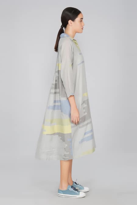 Yavi Grey Cotton Jamdani Shirt Collar Dress Online at Aza Fashions Yavi_Grey Cotton Jamdani Shirt Collar Dress _Online_at_Aza_Fashions