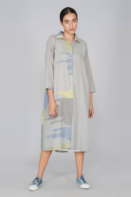 Yavi Grey Cotton Jamdani Shirt Collar Dress