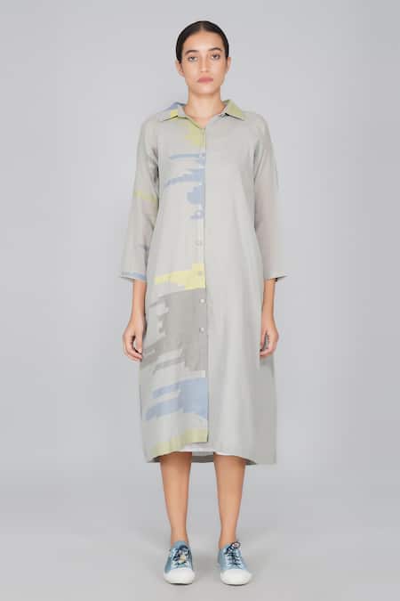 Buy Yavi Grey Cotton Jamdani Shirt Collar Dress Online at Aza Fashions Buy_Yavi_Grey Cotton Jamdani Shirt Collar Dress _Online_at_Aza_Fashions
