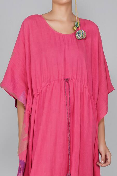 Shop Yavi Pink Cotton Jamdani Round Dress Online at Aza Fashions Shop_Yavi_Pink Cotton Jamdani Round Dress _Online_at_Aza_Fashions