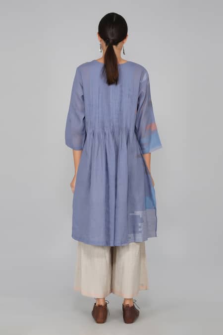 Shop Yavi Blue Cotton Jamdani Round Tunic at Aza Fashions Shop_Yavi_Blue Cotton Jamdani Round Tunic _at_Aza_Fashions