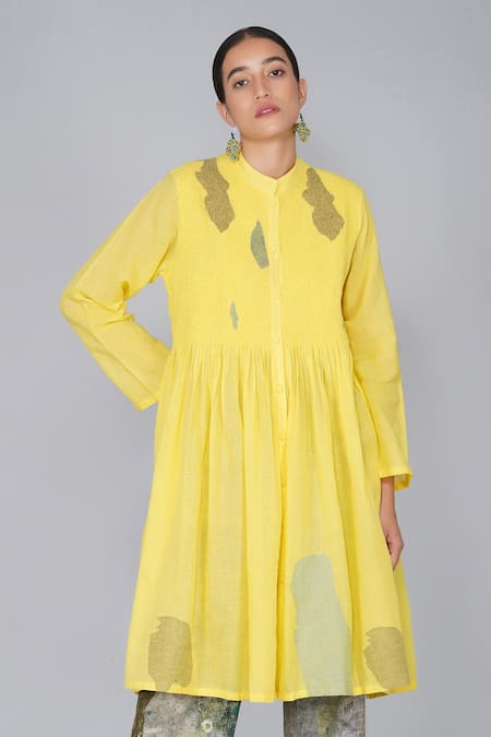 Yavi Yellow Cotton Jamdani Mandarin Collar Tunic
