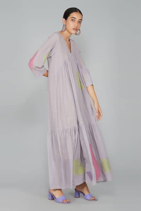 Yavi Grey Cotton Jamdani V Neck Dress