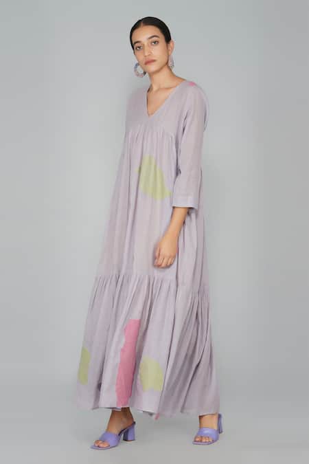 Yavi Grey Cotton Jamdani V Neck Dress Online at Aza Fashions Yavi_Grey Cotton Jamdani V Neck Dress _Online_at_Aza_Fashions