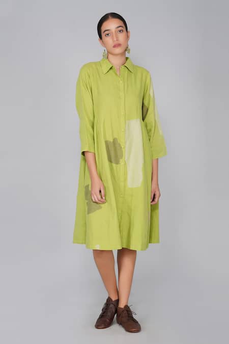 Shop Yavi Green Cotton Jamdani Shirt Collar Dress Online at Aza Fashions Shop_Yavi_Green Cotton Jamdani Shirt Collar Dress _Online_at_Aza_Fashions