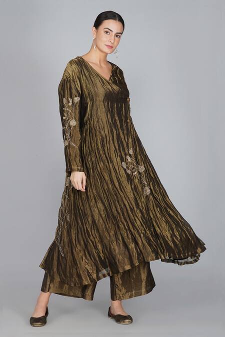 Yavi_Gold Handwoven Silk Tissue V Neck Tunic _Online_at_Aza_Fashions