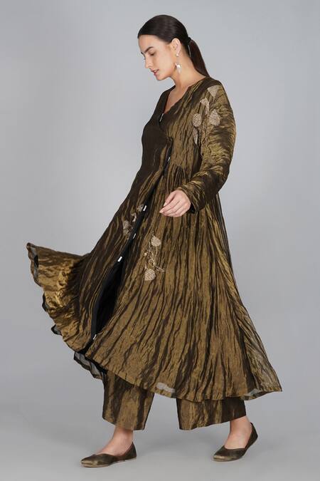 Buy_Yavi_Gold Handwoven Silk Tissue V Neck Tunic _Online_at_Aza_Fashions