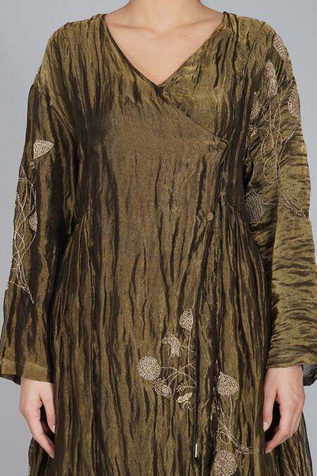 Shop_Yavi_Gold Handwoven Silk Tissue V Neck Tunic _Online_at_Aza_Fashions