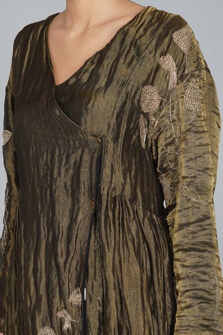 Yavi_Gold Handwoven Silk Tissue V Neck Tunic _at_Aza_Fashions