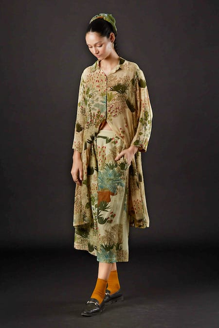 Yavi_Ivory Moss Crepe Tropical Spread Collar Fawn Print Dress_Online_at_Aza_Fashions