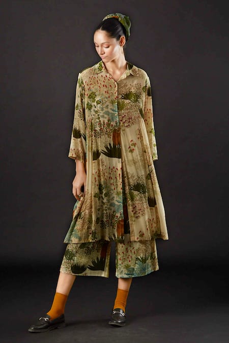 Shop_Yavi_Ivory Moss Crepe Tropical Spread Collar Fawn Print Dress_Online_at_Aza_Fashions