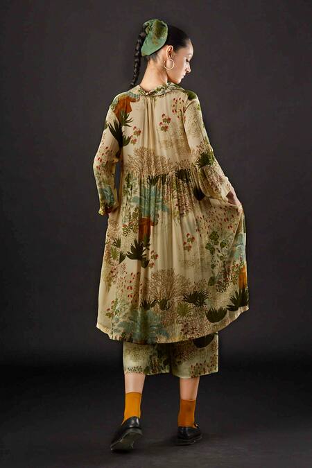 Yavi_Ivory Moss Crepe Tropical Spread Collar Fawn Print Dress_at_Aza_Fashions