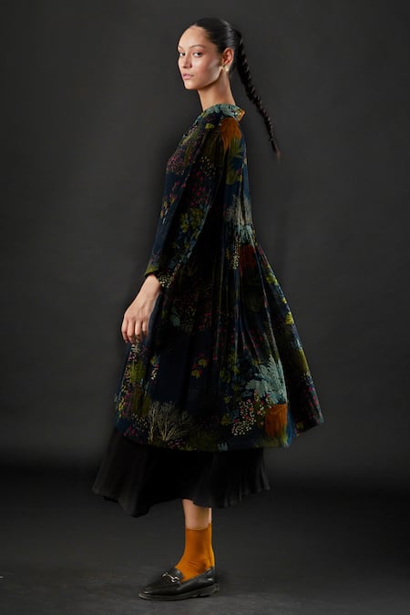 Yavi_Blue Moss Crepe Tropical Spread Collar Heather Print Dress_Online_at_Aza_Fashions