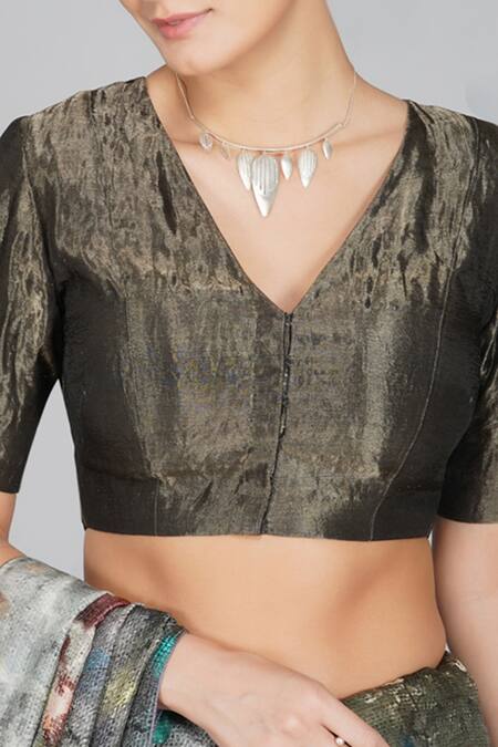 Yavi Black Handwoven Silk Zari V Neck Blouse Online at Aza Fashions Yavi_Black Handwoven Silk Zari V Neck Blouse_Online_at_Aza_Fashions