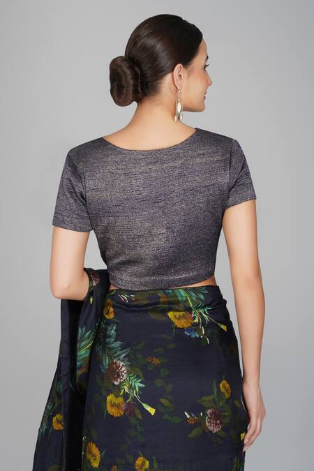 Shop Yavi Silver Zari Round Blouse at Aza Fashions Shop_Yavi_Silver Zari Round Blouse_at_Aza_Fashions