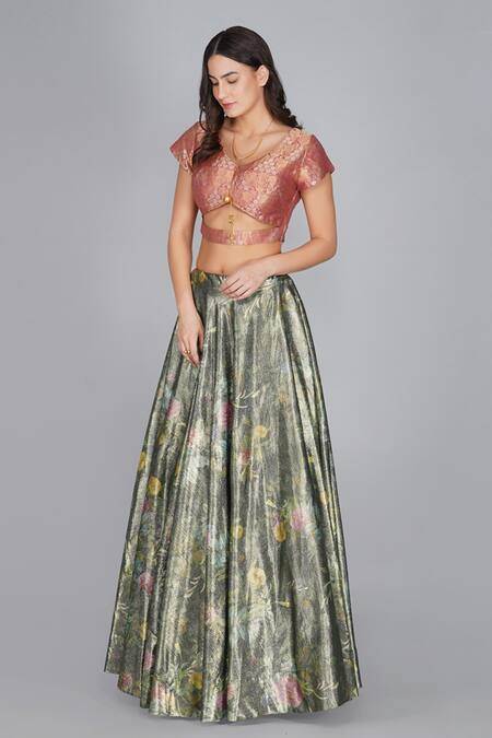 Buy_Yavi_Brown Banarasi Brocade V Neck Blouse _Online_at_Aza_Fashions