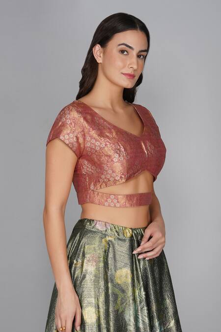 Shop_Yavi_Brown Banarasi Brocade V Neck Blouse _Online_at_Aza_Fashions