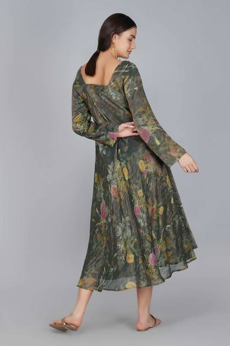 Shop_Yavi_Gold Handwoven Zari Tissue Square Neck Dress _at_Aza_Fashions