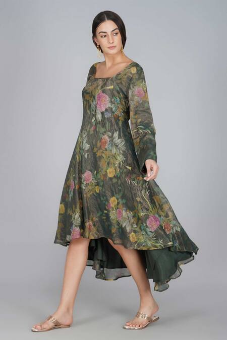 Yavi_Gold Handwoven Zari Tissue Square Neck Dress _Online_at_Aza_Fashions