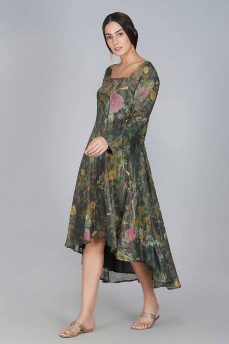 Buy_Yavi_Gold Handwoven Zari Tissue Square Neck Dress _Online_at_Aza_Fashions