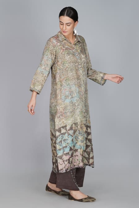 Yavi_Silver Handwoven Cotton Zari Shirt Collar Tunic _Online_at_Aza_Fashions