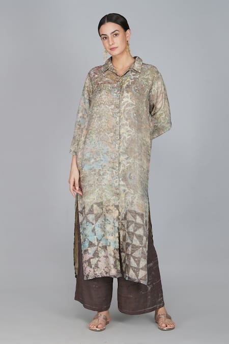 Buy_Yavi_Silver Handwoven Cotton Zari Shirt Collar Tunic _Online_at_Aza_Fashions