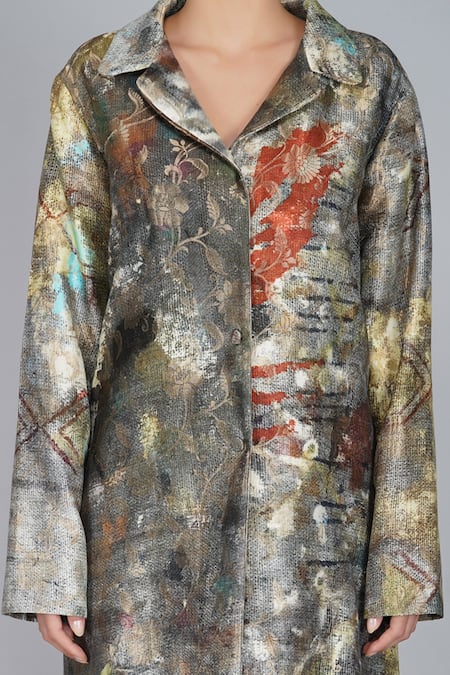 Yavi_Multi Color Silk Brocade Notched Collar Jacket_at_Aza_Fashions