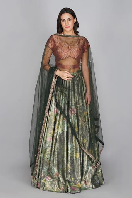 Yavi_Green Net Embroidered Dupatta_Online_at_Aza_Fashions