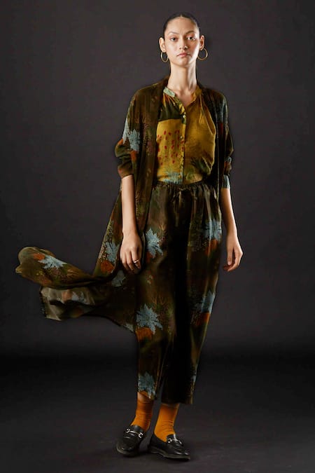 Yavi Green Moss Crepe Tropical Shawl Collar Silt Print Jacket 