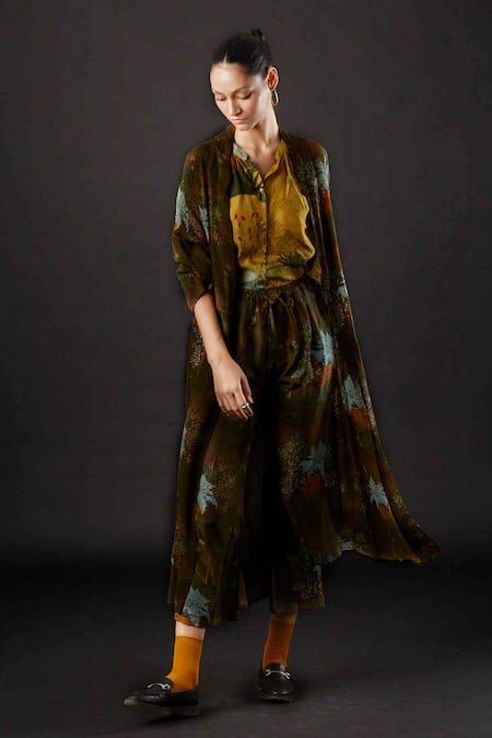 Yavi_Green Moss Crepe Tropical Shawl Collar Silt Print Jacket _at_Aza_Fashions