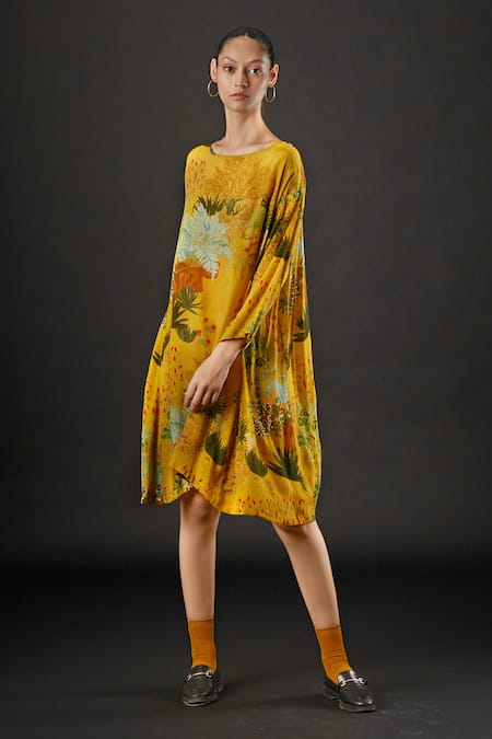 Yavi_Yellow Silk Tropical Round Tawny Print Dress _Online_at_Aza_Fashions