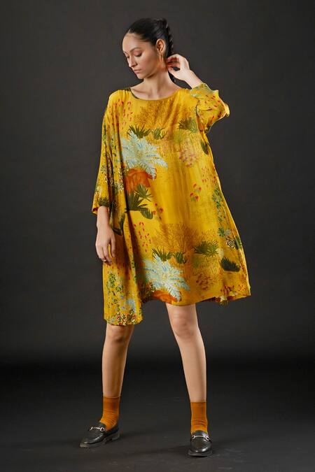 Buy_Yavi_Yellow Silk Tropical Round Tawny Print Dress _Online_at_Aza_Fashions