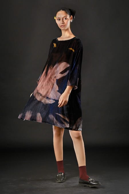 Yavi_Blue 100% Silk Velvet Stroke Boat Neck Ciar Hand Painted Dress _Online_at_Aza_Fashions