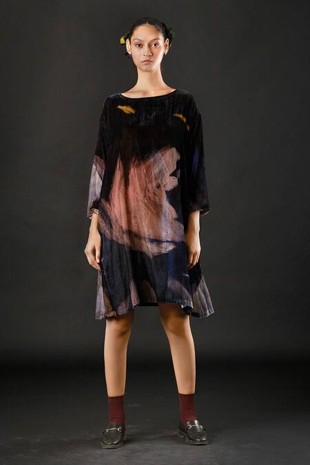 Buy_Yavi_Blue 100% Silk Velvet Stroke Boat Neck Ciar Hand Painted Dress _Online_at_Aza_Fashions