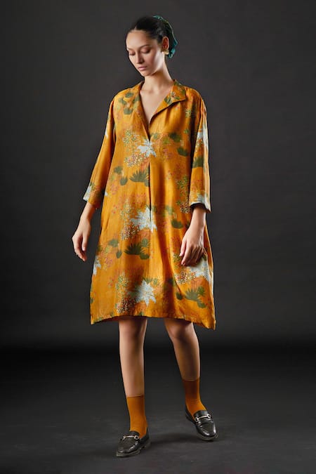 Yavi Yellow Silk Tropical Spread Collar Syvan Print Dress Online at Aza Fashions Yavi_Yellow Silk Tropical Spread Collar Syvan Print Dress_Online_at_Aza_Fashions