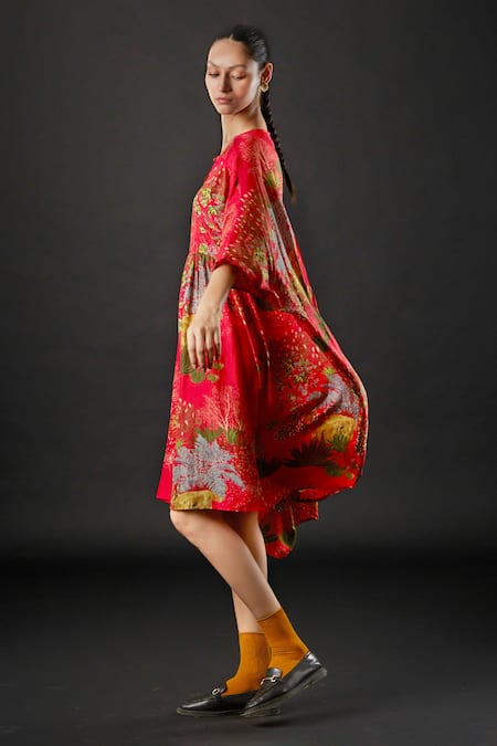 Yavi_Red Silk Tropical Round Carmine Print Dress_Online_at_Aza_Fashions