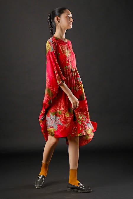 Buy_Yavi_Red Silk Tropical Round Carmine Print Dress_Online_at_Aza_Fashions