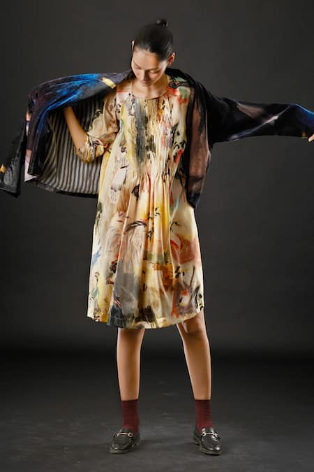 Buy_Yavi_Blue 100% Silk Velvet Stroke Shawl Collar Irving Hand Painted Jacket_Online_at_Aza_Fashions