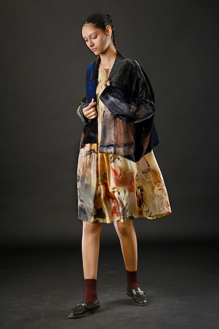 Shop_Yavi_Blue 100% Silk Velvet Stroke Shawl Collar Irving Hand Painted Jacket_Online_at_Aza_Fashions