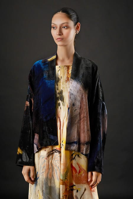 Yavi_Blue 100% Silk Velvet Stroke Shawl Collar Irving Hand Painted Jacket_at_Aza_Fashions