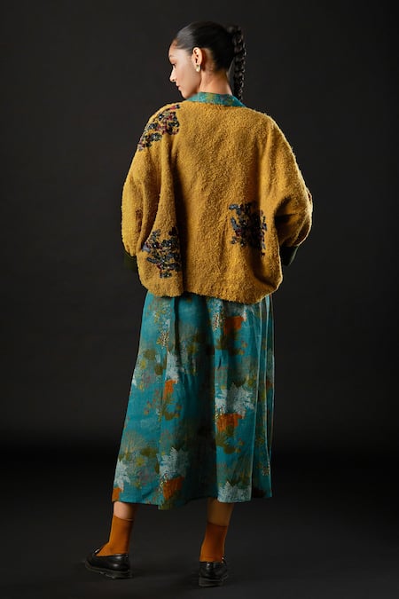 Shop Yavi Yellow Solo Wool Floral Motifs Open Marsh Jacket at Aza Fashions Shop_Yavi_Yellow Solo Wool Floral Motifs Open Marsh Jacket _at_Aza_Fashions