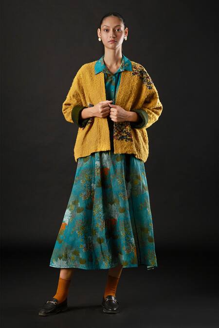 Yavi Yellow Solo Wool Floral Motifs Open Marsh Jacket Online at Aza Fashions Yavi_Yellow Solo Wool Floral Motifs Open Marsh Jacket _Online_at_Aza_Fashions