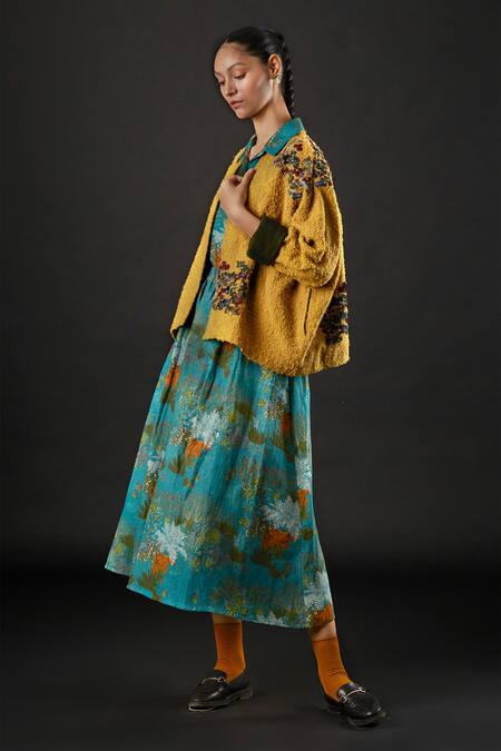 Buy Yavi Yellow Solo Wool Floral Motifs Open Marsh Jacket Online at Aza Fashions Buy_Yavi_Yellow Solo Wool Floral Motifs Open Marsh Jacket _Online_at_Aza_Fashions