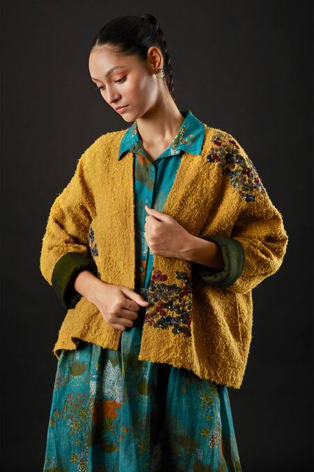 Shop Yavi Yellow Solo Wool Floral Motifs Open Marsh Jacket Online at Aza Fashions Shop_Yavi_Yellow Solo Wool Floral Motifs Open Marsh Jacket _Online_at_Aza_Fashions